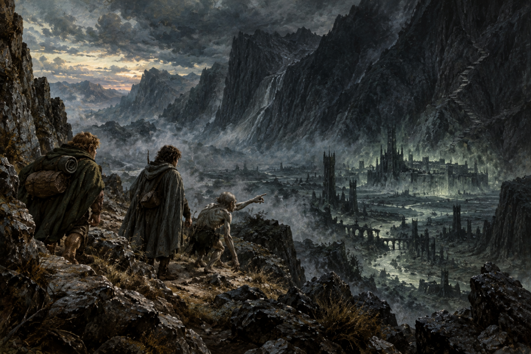 Frodo raises the Phial of Galadriel inside the dark web-filled tunnels of Shelob beneath Cirith Ungol.