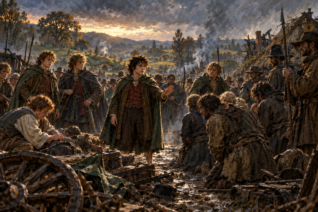 Frodo finishing his duties as Deputy Mayor while the Shire recovers outside, reflecting the contrast between its healing and his lingering wounds.