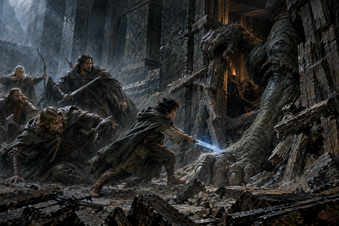 Frodo uses Sting against a cave-troll forcing its arm and foot through the barricaded doorway in Moria.