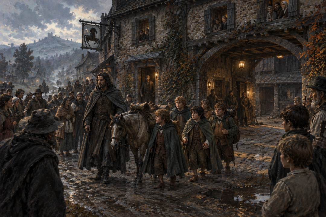 Frodo and his companions leaving the Prancing Pony with Strider and a baggage pony as the people of Bree watch.