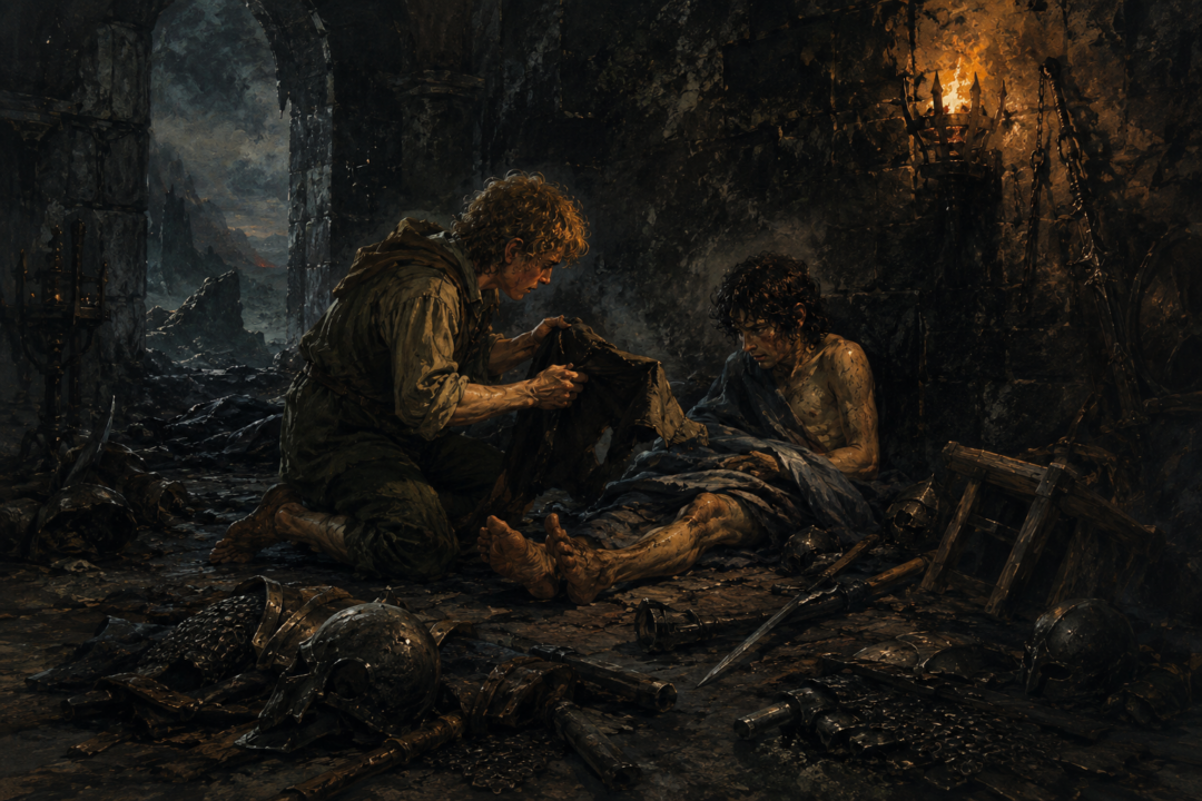 Sam finds the stripped and exhausted Frodo inside the Tower of Cirith Ungol and searches for clothing among abandoned Orc gear.