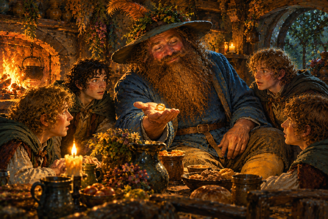 Frodo telling Tom Bombadil about the hobbits' flight from the Shire and the Black Riders