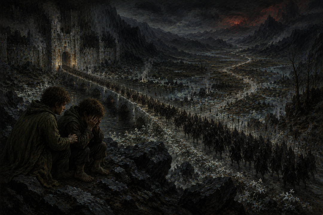 Frodo and Sam hide above the Morgul-road as Frodo watches Sauron's enormous host march toward Osgiliath.