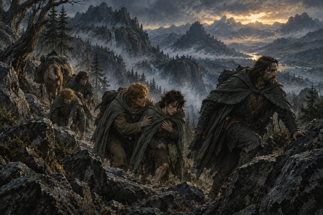 Wounded Frodo struggles on foot across a steep ridge while Aragorn and the hobbits make their difficult journey toward Rivendell.
