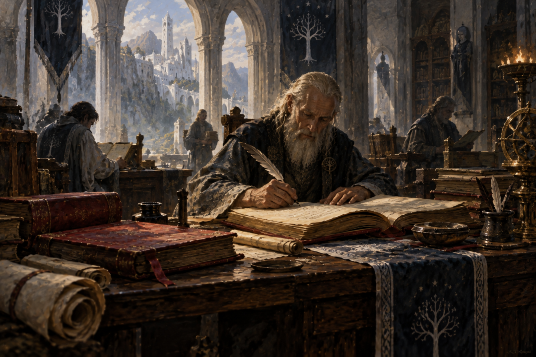 Frodo Baggins writing the Red Book at Bag End after the War of the Ring