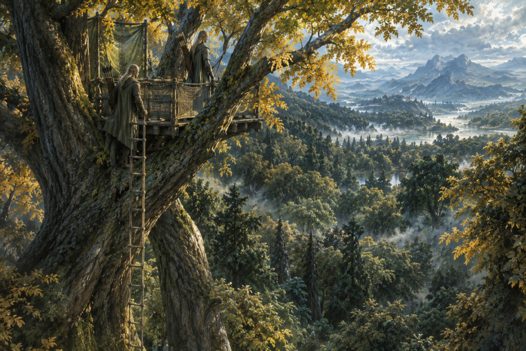 Galadhrim wardens keeping watch from a simple flet built high in a living mallorn tree.