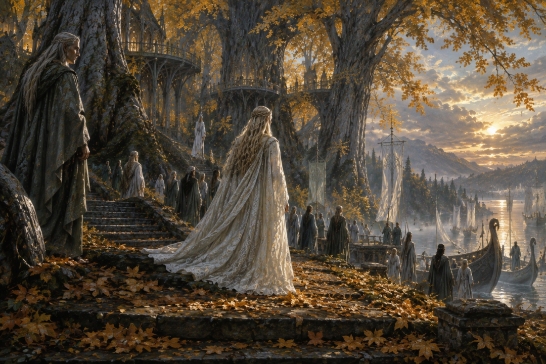 Galadriel leaves Lothlórien as the Elves begin departing the Golden Wood at the end of the Third Age.