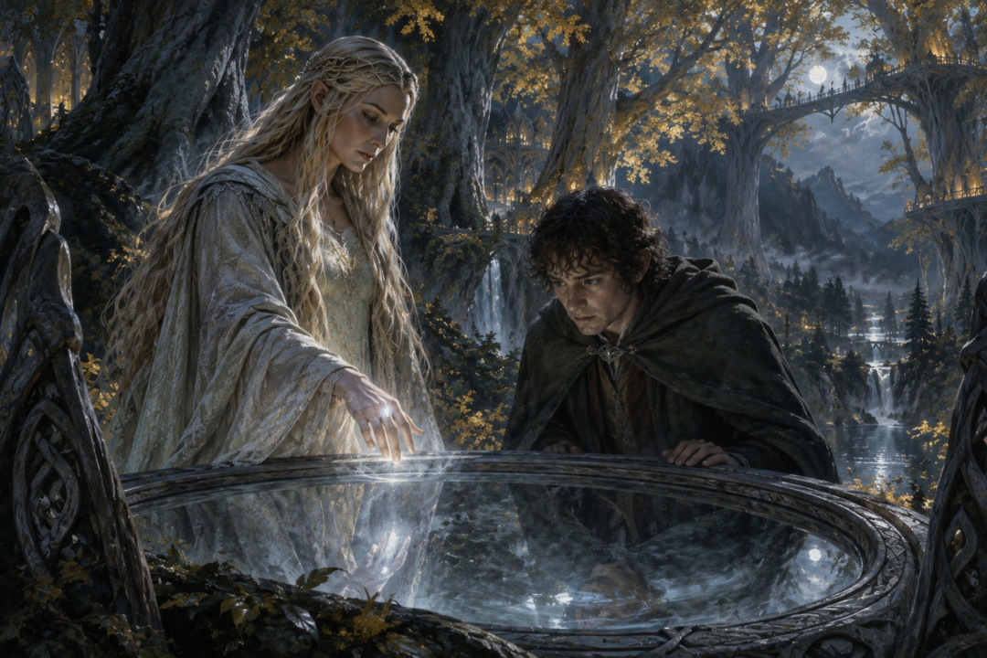 Frodo sees Nenya on Galadriel's hand and learns that Lothlórien will fade if the One Ring is destroyed.