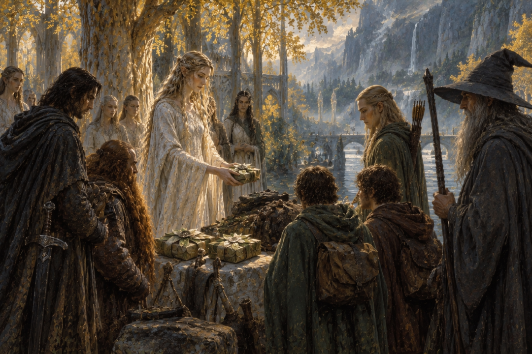 Galadriel oversees the giving of lembas to the Fellowship as they prepare to leave Lothlórien.
