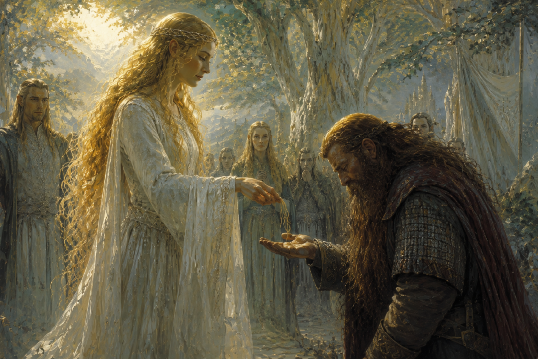 Galadriel placing three strands of her golden hair into Gimli's hand as the Fellowship leaves Lothlórien