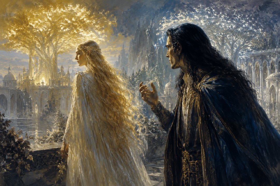 Galadriel beneath the Two Trees of Valinor as Fëanor looks with wonder at her golden and silver-touched hair