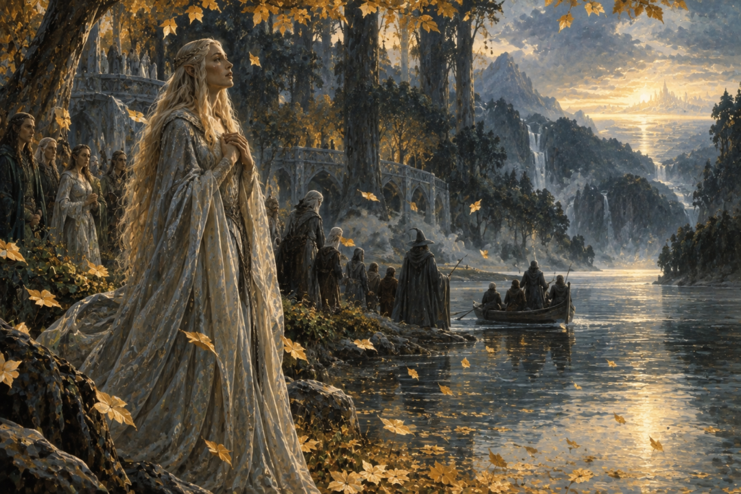 Galadriel singing her Quenya lament beside the waters of Lórien as golden mallorn leaves fall