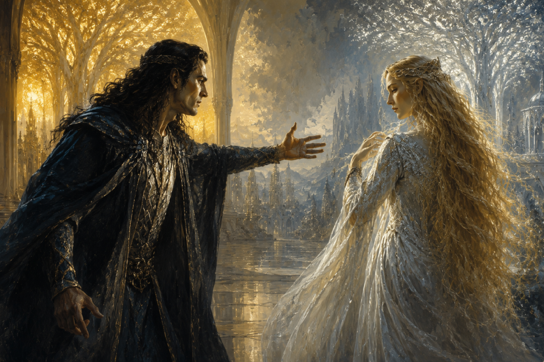 Galadriel calmly refusing Fëanor's request for a tress of her radiant hair in ancient Valinor