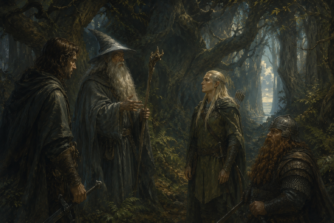 Legolas listens in Fangorn as Gandalf delivers Galadriel's warning about the Sea and the cry of gulls.