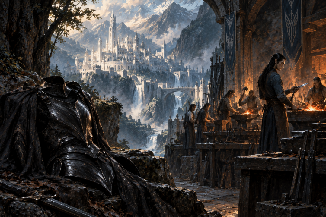 Black galvorn armour contrasted with Maeglin and the larger metalworking tradition of hidden Gondolin