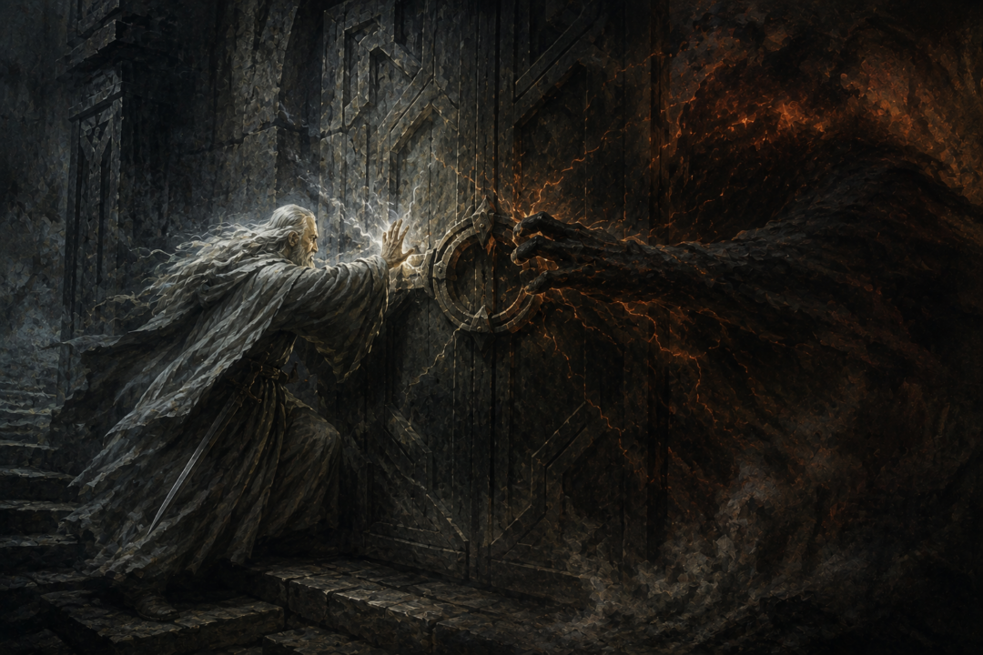 Gandalf struggles to control a closed Dwarven door as the unseen Balrog challenges his shutting-spell from the other side.