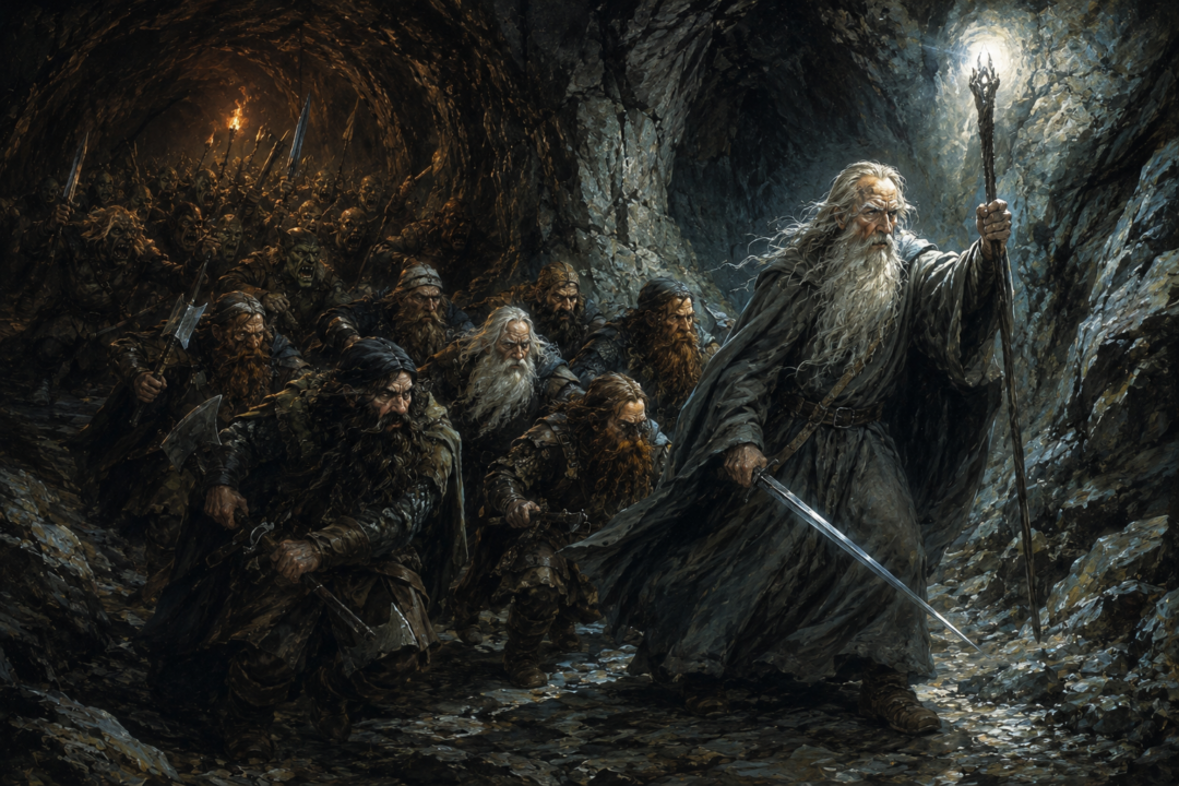 Gandalf guides Thorin and the Dwarves through the dark Goblin tunnels beneath the Misty Mountains.