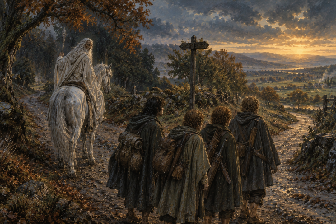 Gandalf parts from Frodo, Sam, Merry, and Pippin as the four hobbits continue toward the troubled Shire without him.