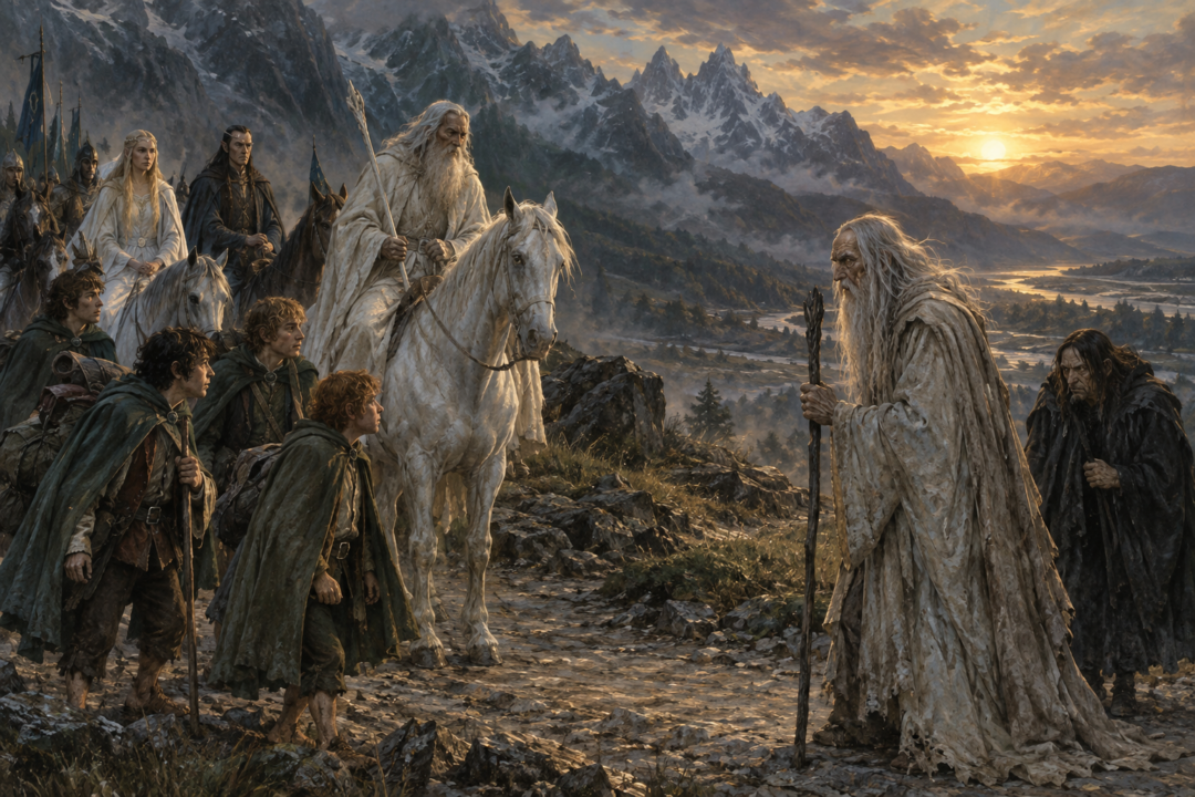 Gandalf and the homeward-bound travellers encounter the ragged Saruman and Wormtongue on the road north after the War of the Ring.