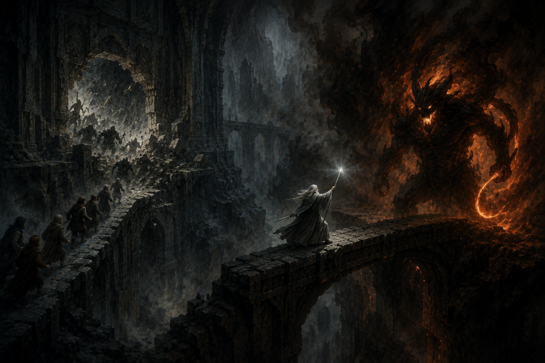 Panoramic contrast between the collapsed passage near the Chamber of Mazarbul and Gandalf confronting the Balrog on the Bridge of Khazad-dum.