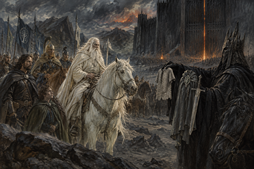 Gandalf and the Captains of the West confront the Mouth of Sauron as he displays Frodo and Sam's captured belongings at the Black Gate.