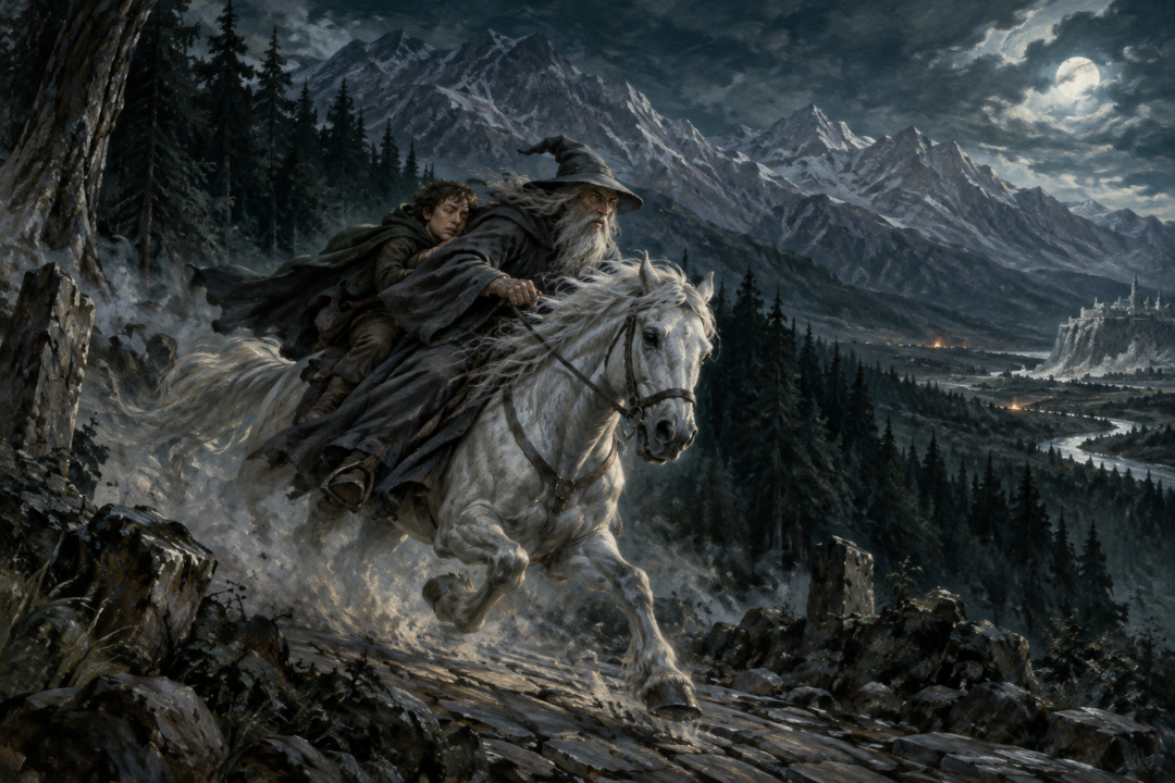 Gandalf and Pippin racing through Anórien at night on Shadowfax beside the dark Drúadan country