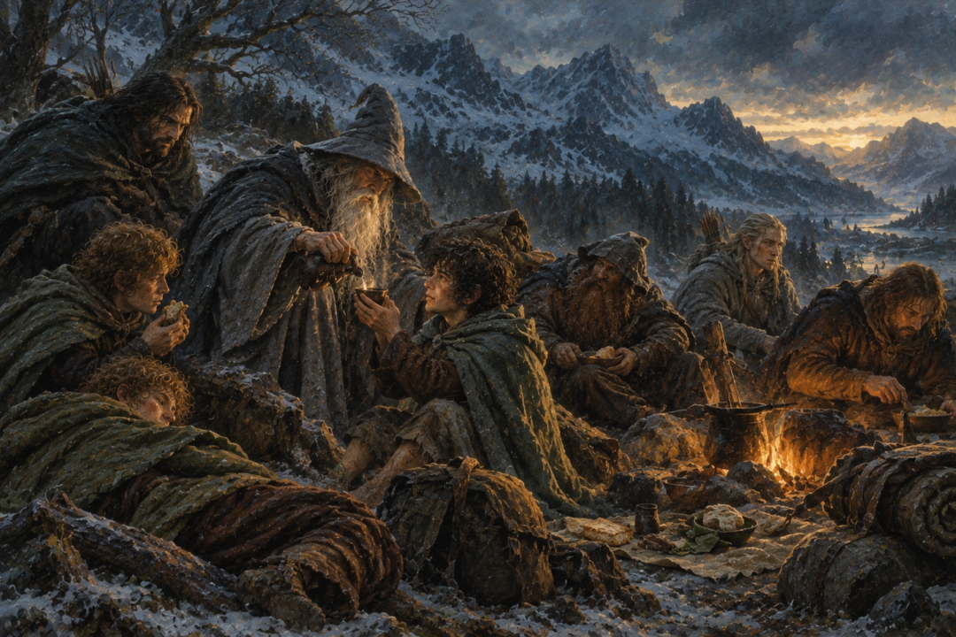 Gandalf carefully rations miruvor to the weary Fellowship before they eat their travelling food.