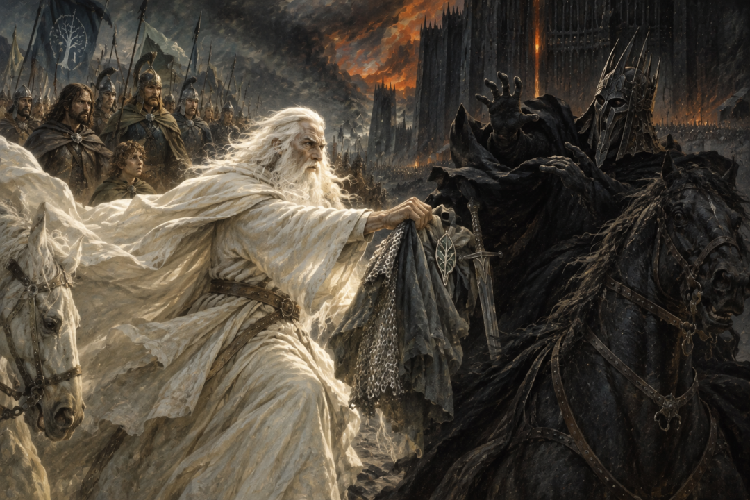 Gandalf seizes the captured hobbit tokens from the recoiling Mouth of Sauron while rejecting Sauron's terms at the Morannon.
