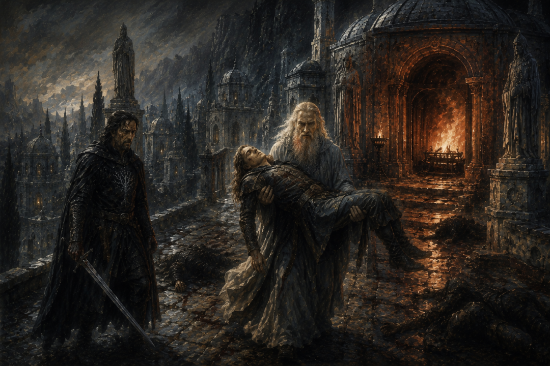 Gandalf carrying Faramir from the funeral pyre as fire consumes the House of the Stewards in Rath Dínen