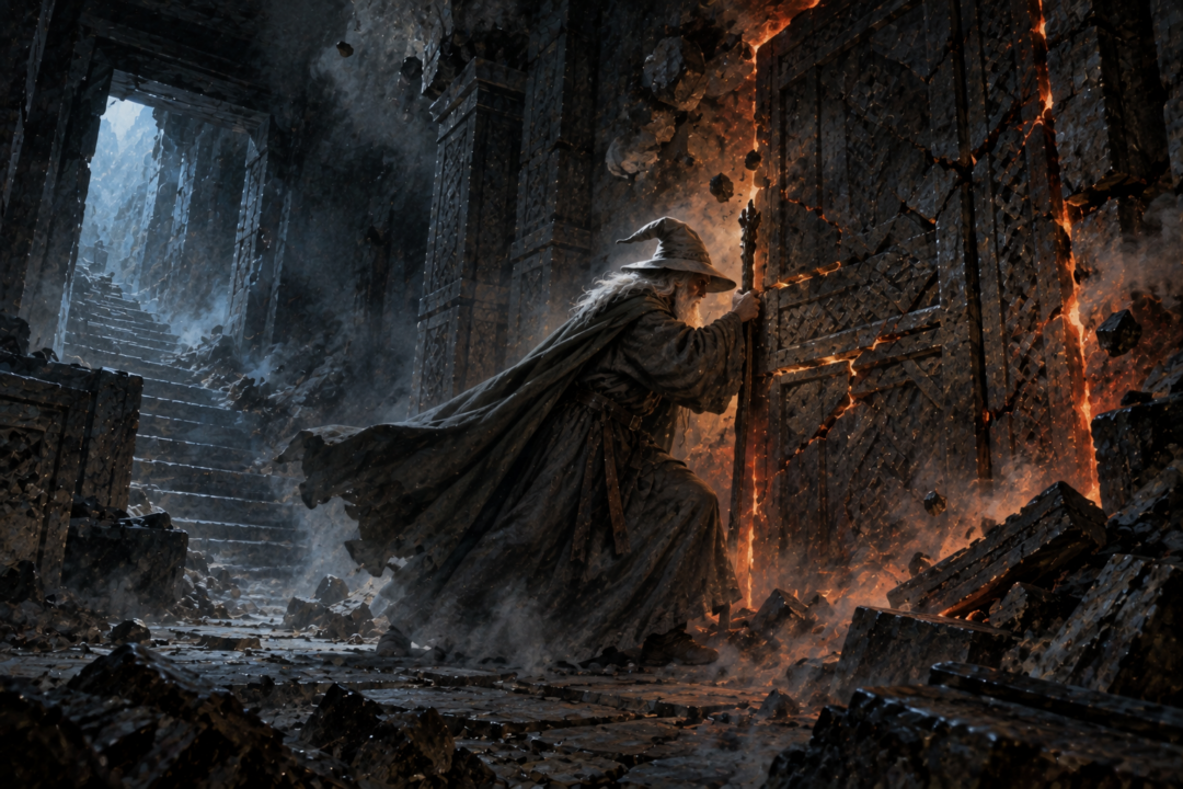 Gandalf holds a stone door in Moria against an unseen powerful adversary as the Chamber of Mazarbul begins to collapse.