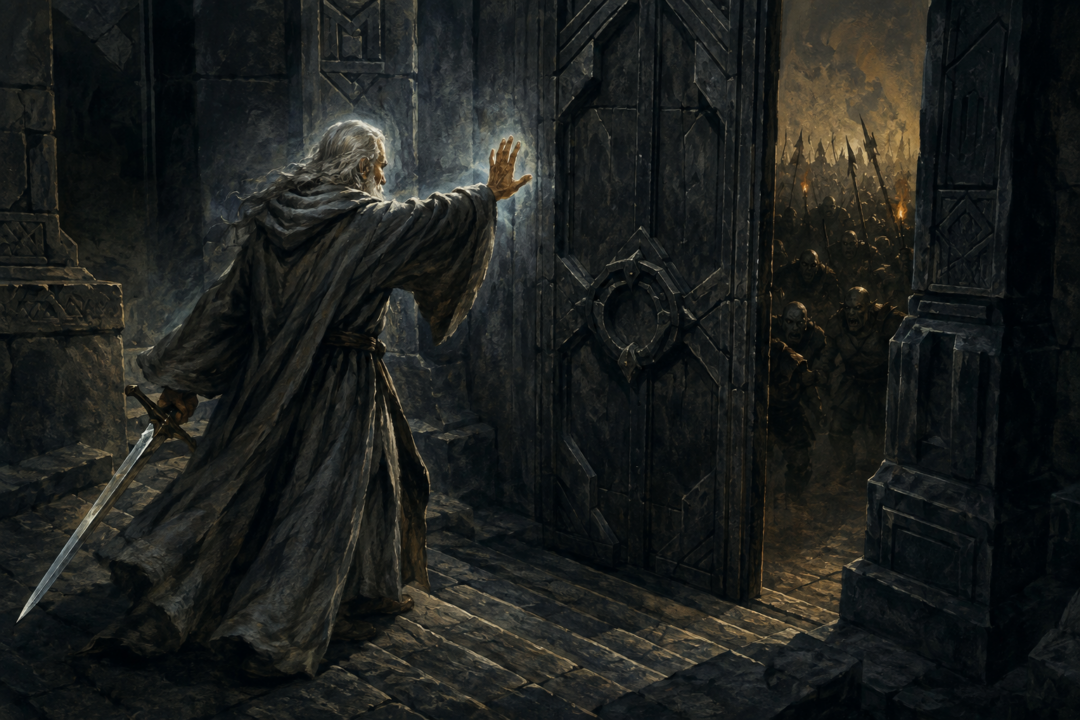 Gandalf casting a shutting-spell on the eastern door beyond the Chamber of Mazarbul as the Fellowship escapes down the stairs.