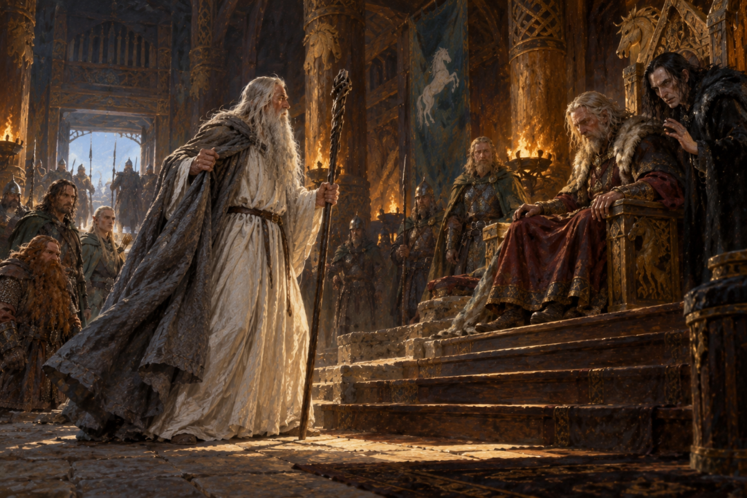 Gandalf holding his staff before Théoden and Gríma inside the shadowed hall of Meduseld.