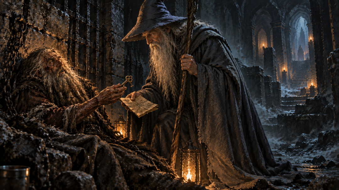 Gandalf receiving the map and key of Erebor from the imprisoned Thráin in Dol Guldur