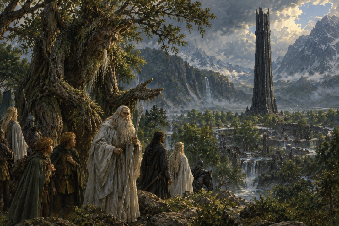 Gandalf speaks with Treebeard at the restored Isengard after learning that Saruman has been released from Orthanc.
