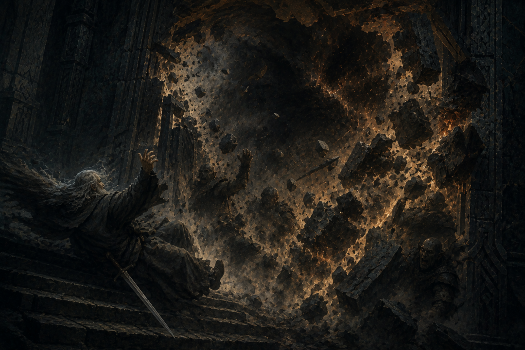 The doorway near the Chamber of Mazarbul bursts apart after Gandalf uses a word of Command against the mysterious opposing power.