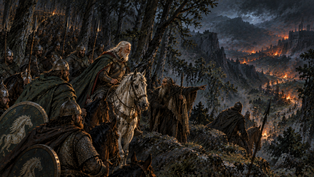 Ghân-buri-Ghân guides Théoden and the waiting Rohirrim toward the hidden road through the Stonewain Valley.