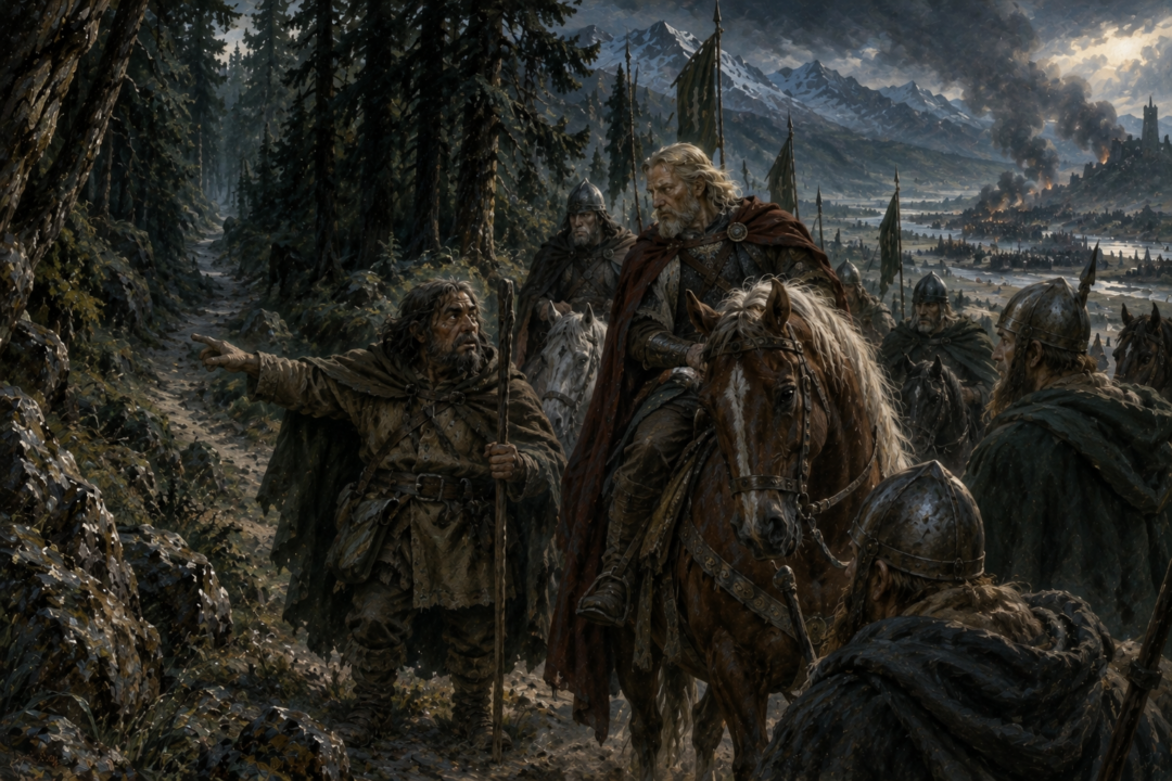 Ghân-buri-Ghân offers King Théoden a hidden route through the Drúadan country toward Minas Tirith