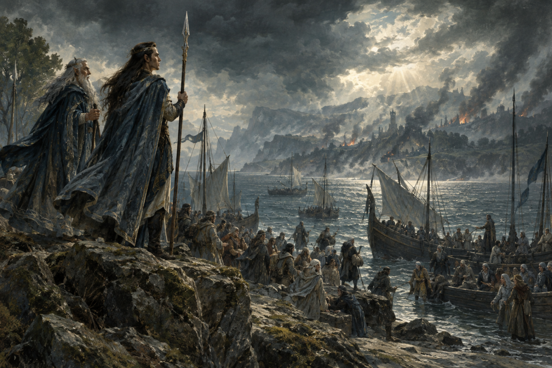 Gil-galad and Círdan overlooking Elven refugees and ships at the Isle of Balar during the final years of the First Age