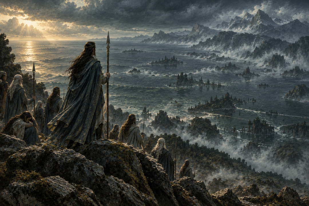Gil-galad and surviving Elves looking across the drowned lands of Beleriand after the War of Wrath