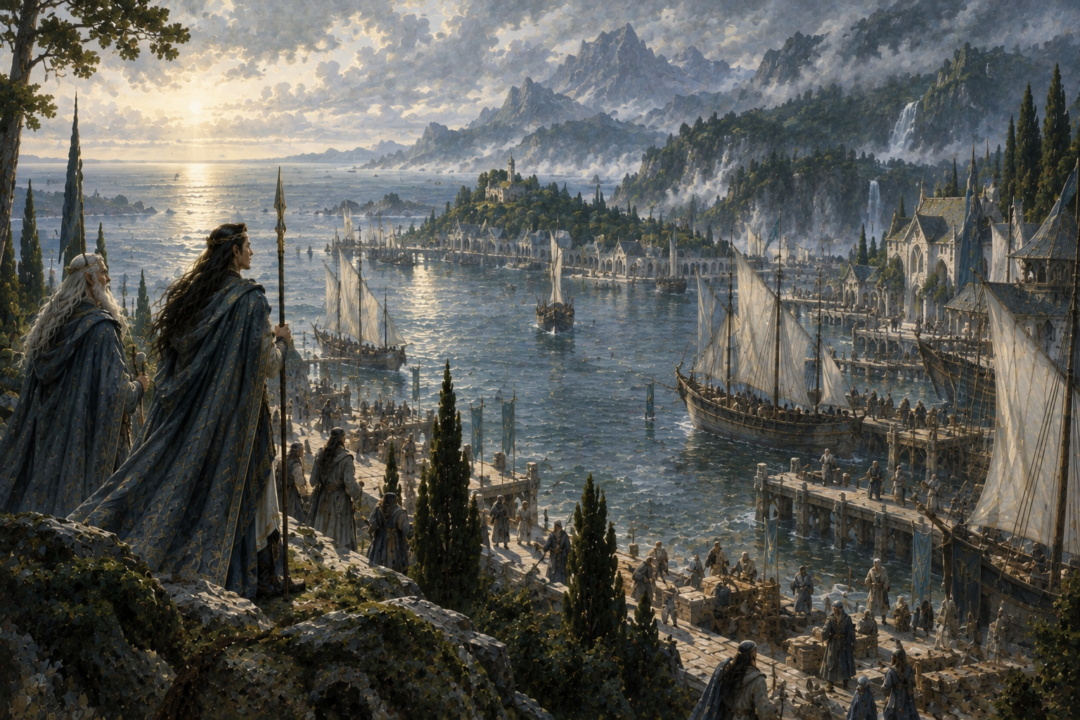 Gil-galad and Círdan amid the founding of Lindon and the Grey Havens at the beginning of the Second Age