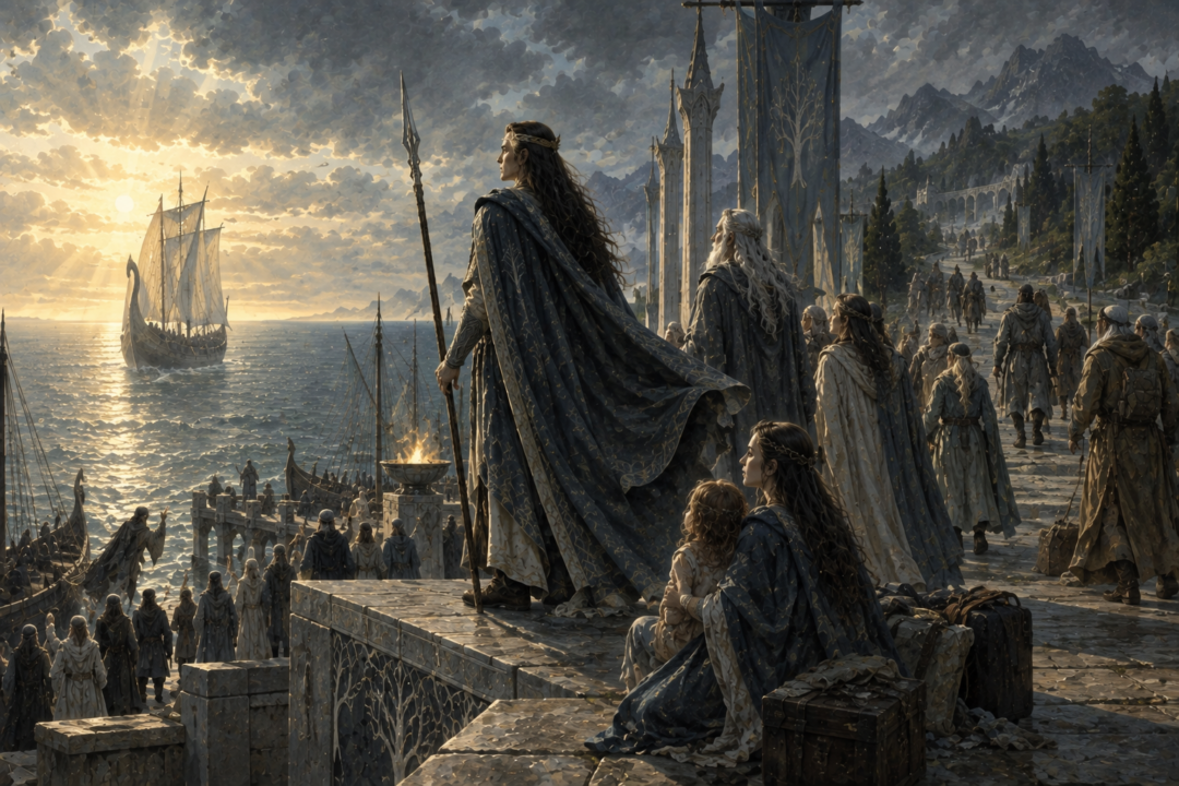 Gil-galad at the Grey Havens as some Elves sail West while others remain in Middle-earth