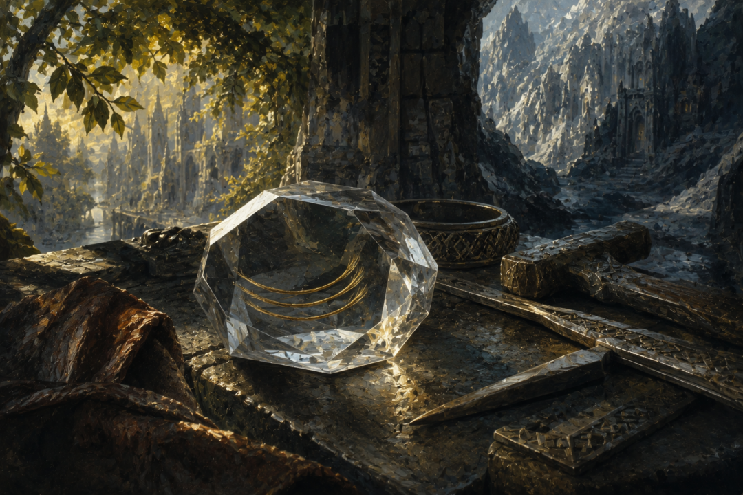 Three hairs of Galadriel preserved in a Dwarven crystal as a symbol of friendship between the Mountain and the Wood