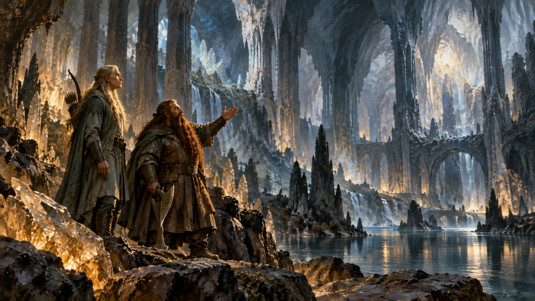 Gimli receiving three golden hairs from Galadriel among the mallorn trees of Lothlórien