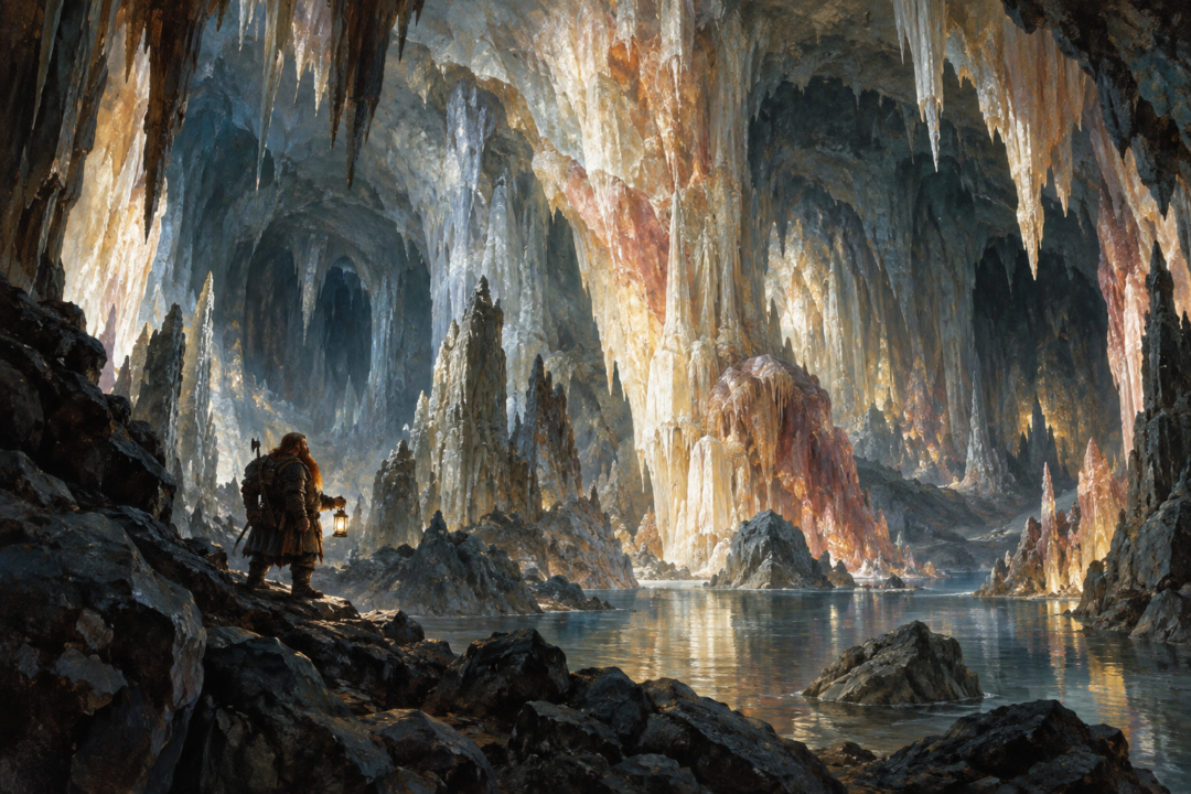 Gimli gazes at the immense crystalline halls and stone formations of the Glittering Caves of Aglarond.