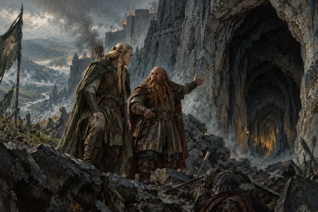 Gimli describes the wonders of the Glittering Caves to Legolas after the Battle of the Hornburg.