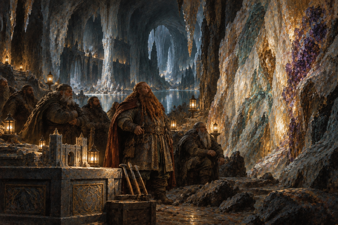 Gimli and the Dwarves of Aglarond admire gem-filled stone left untouched within the carefully illuminated Glittering Caves.