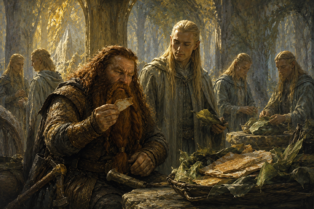 Gimli tasting Elven lembas while the Fellowship prepares to leave Lothlórien