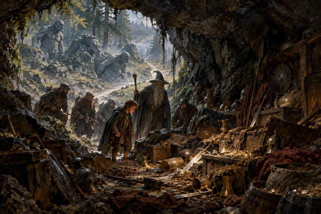 Glamdring, Orcrist, and Bilbo's smaller Elvish blade lying among the ancient treasure and stolen possessions in the trolls' cave.