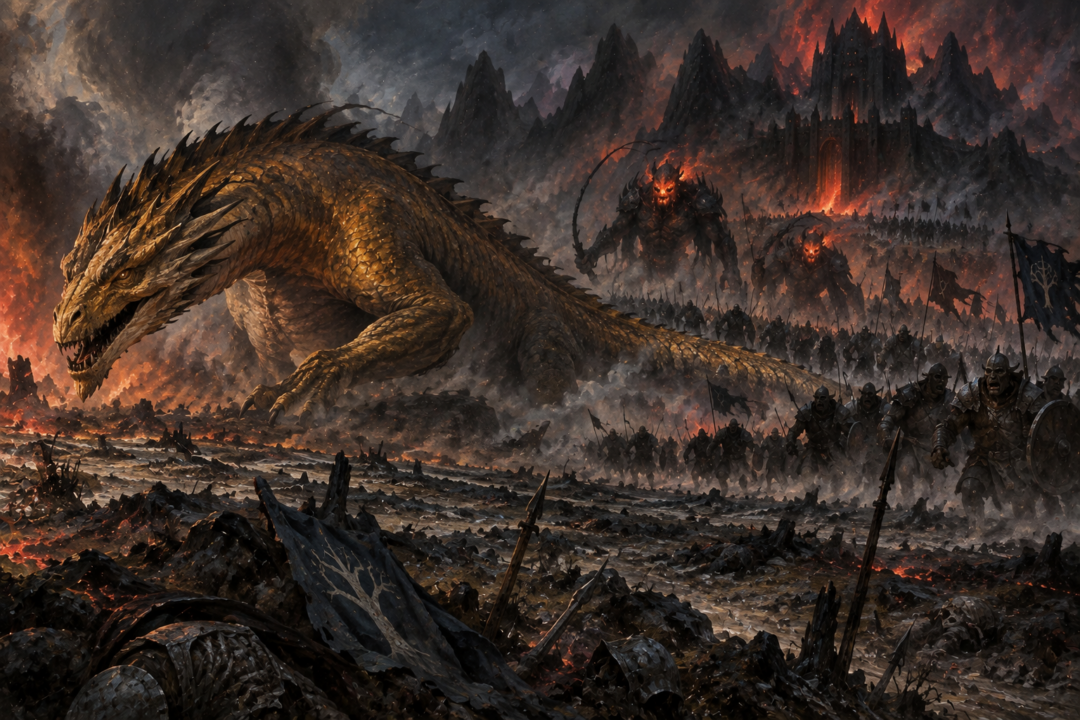 Glaurung leading Morgoth's forces across the burned plain during the Dagor Bragollach.