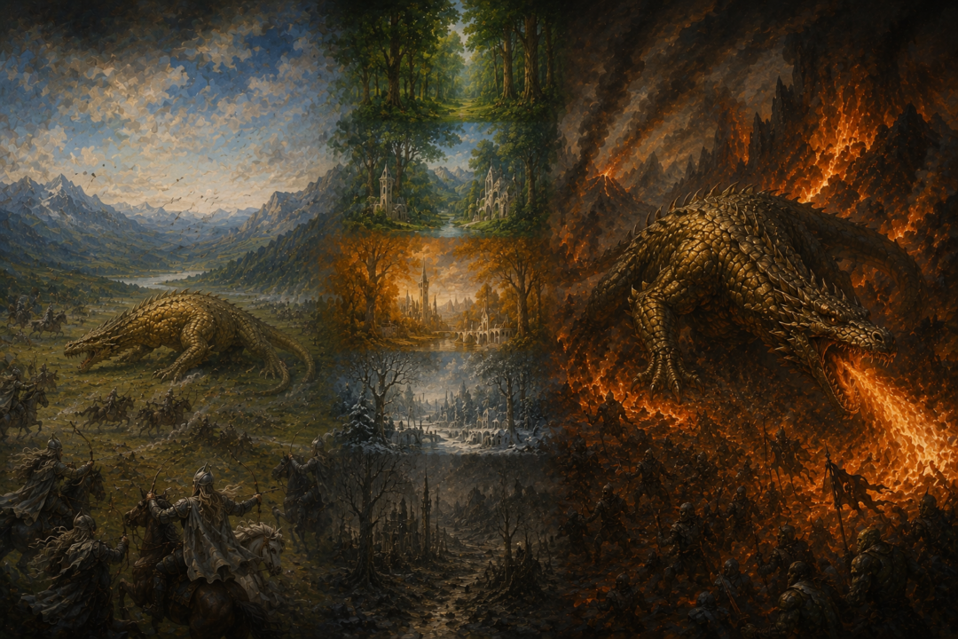 Symbolic comparison of young and mature Glaurung showing his transformation across the changing First Age chronology.